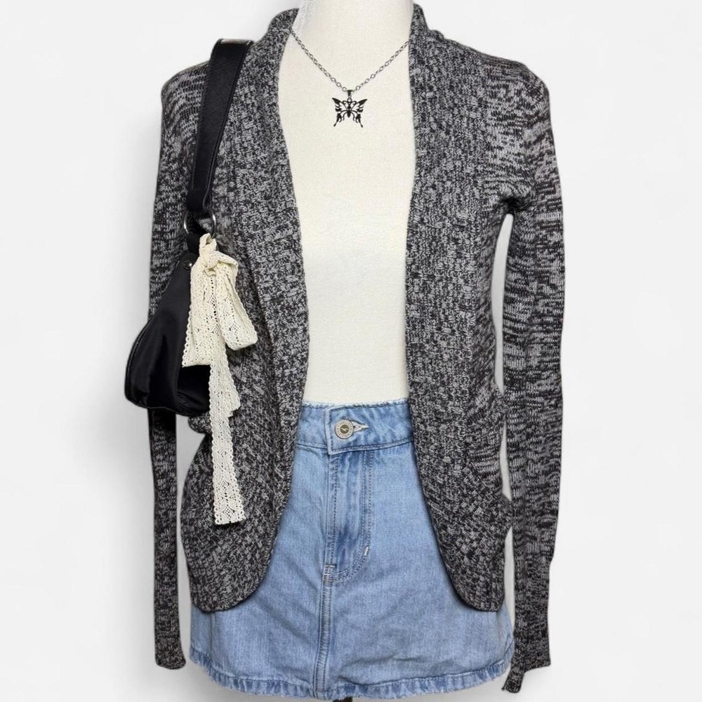 Full Tilt Women Charcoal Grey Marled Open Front Knit Cardigan Sweater Small